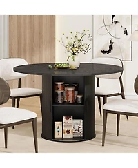 homfan 47 Round Dining Table with Hidden Storage, Fluted Pedestal Base, Slide Door Shelf, Kitchen for 4, Only