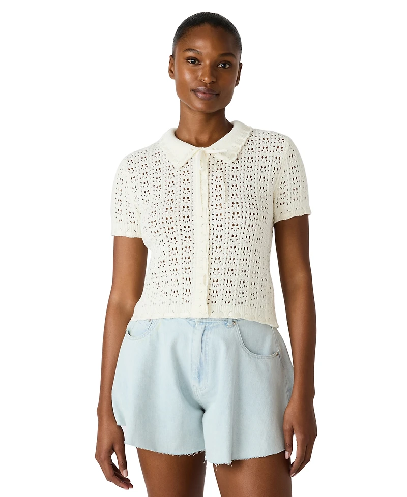 Steve Madden Women's Pointelle Ruffle Collared Cardigan
