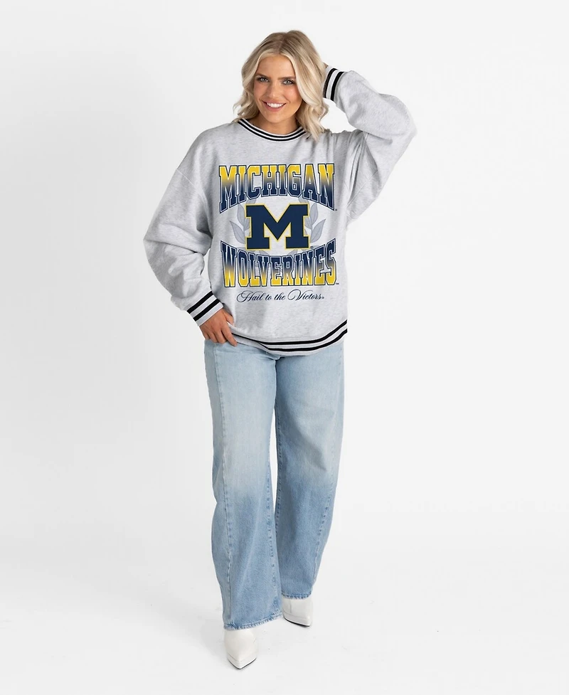 Gameday Couture Women's Ash Michigan Wolverines Oversized Fade Route Ringer Stripe Sweatshirt