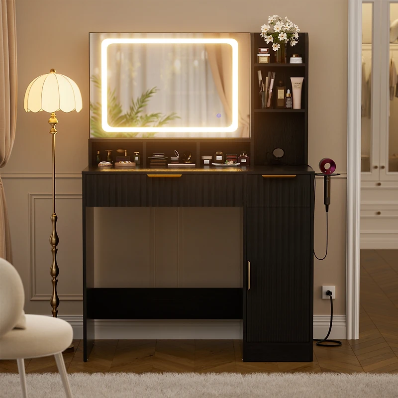 Aheaplus Vanity Desk with Mirror and 3 Color Lights, Makeup Drawers
