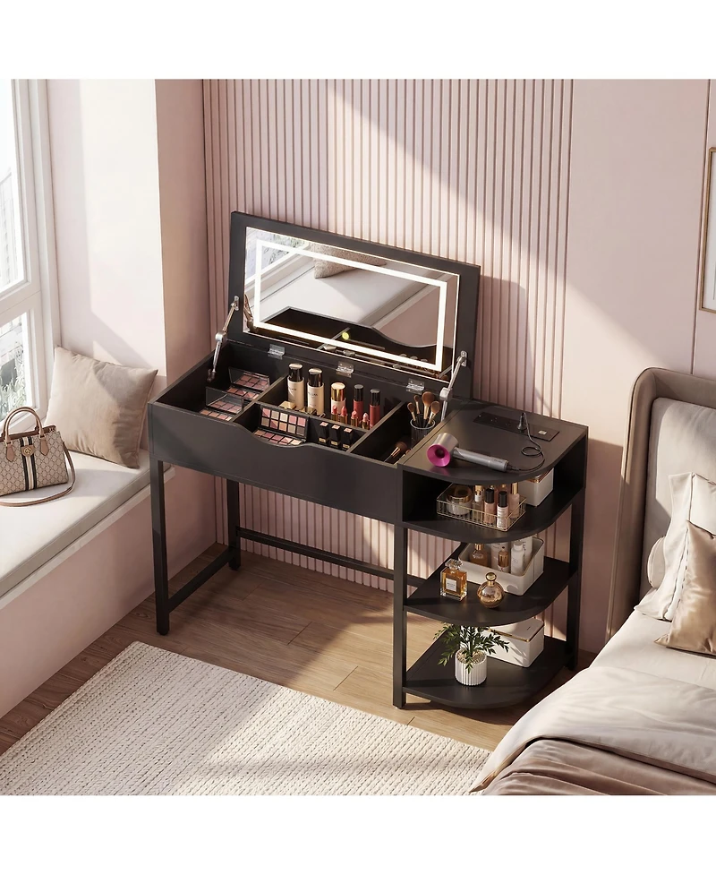 Aheaplus Flip-Top Makeup Dressing Table with mirror and Drawer, Small Vanity Desk Charging Station
