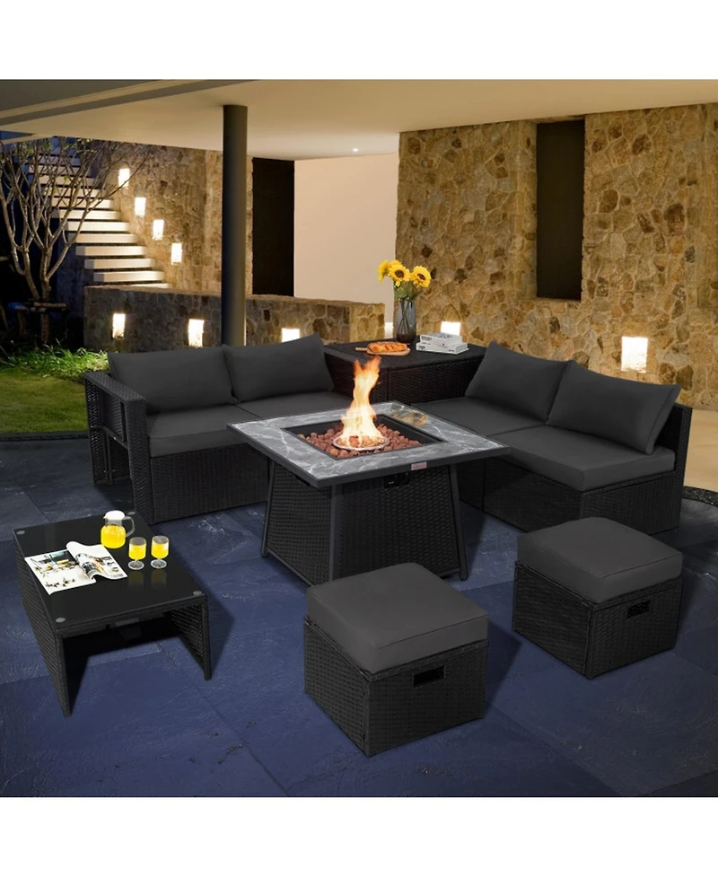 Gouun 9 Piece Outdoor Wicker Sectional Conversation Set with 35 50000 Btu Gas Fire Pit Table