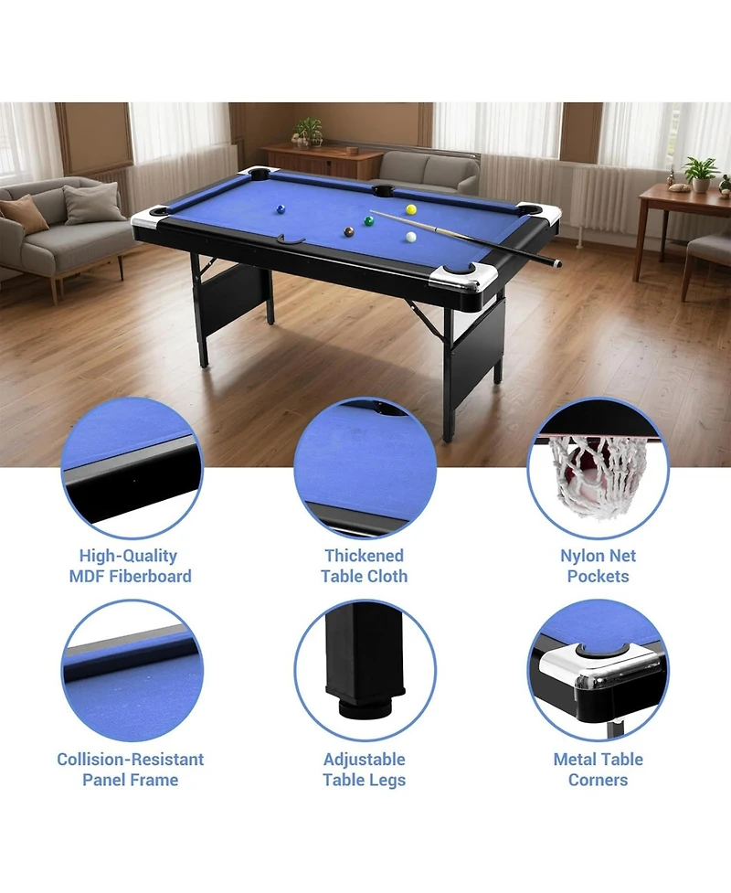 Xo Folding Pool Table, Portable Billiards Table Set with Accessories, Height Adjustable Compact Design for Home Game Room Basement