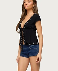 Edikted Women's Sepede Lacey Pearl Tie Front Top