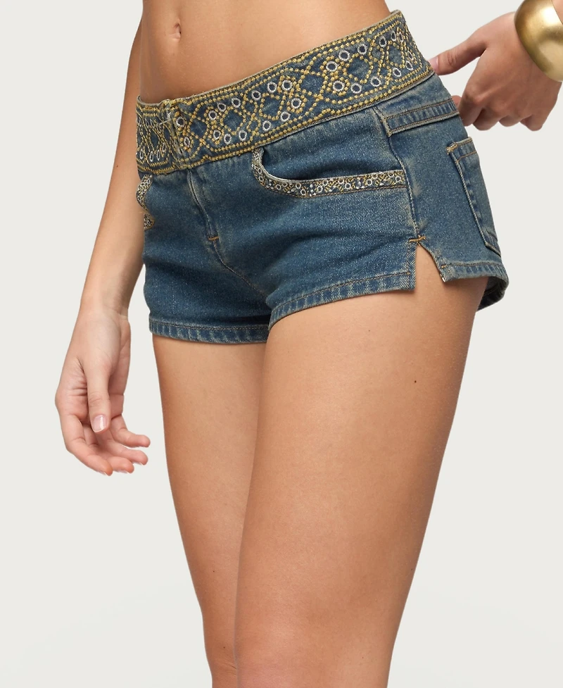 Edikted Women's Zera Embroidered Denim Micro Shorts