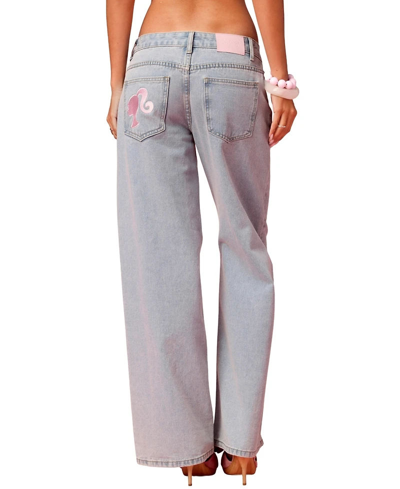 Edikted Womens Embroidered Barbie Low Rise Baggy Jeans