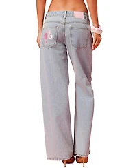 Edikted Womens Embroidered Barbie Low Rise Baggy Jeans