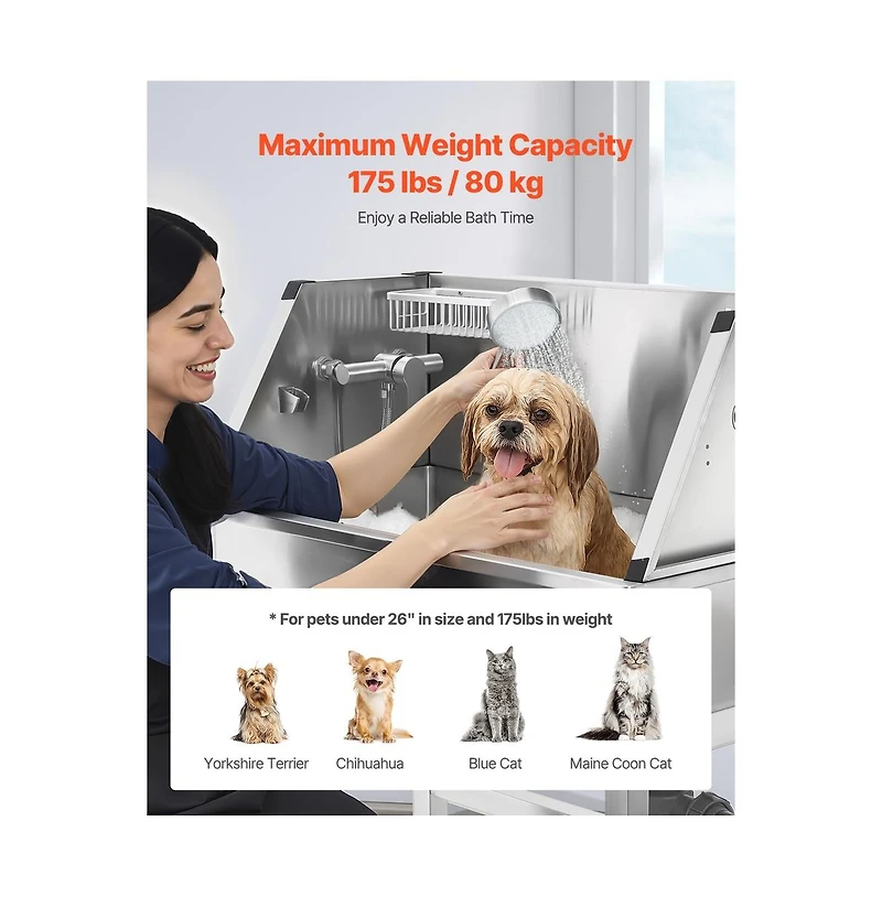 Ruie 34 inch Stainless Steel Dog Grooming Tub with Hot Cold Faucet and Storage Rack