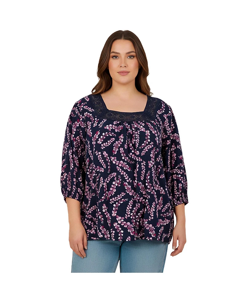 Avenue Women's Plus Lace Neckline Peasant Blouse