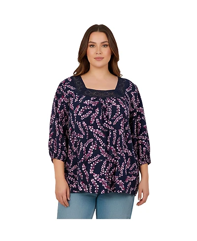 Avenue Women's Plus Lace Neckline Peasant Blouse