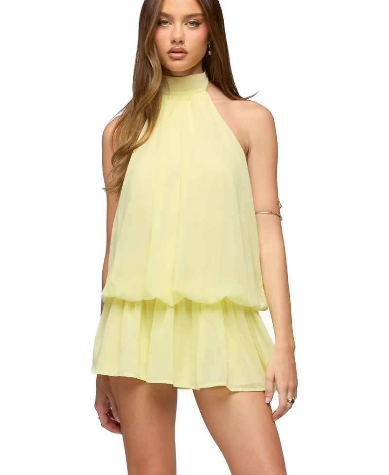 Edikted Womens Kortney Chiffon High Neck Mini Dress