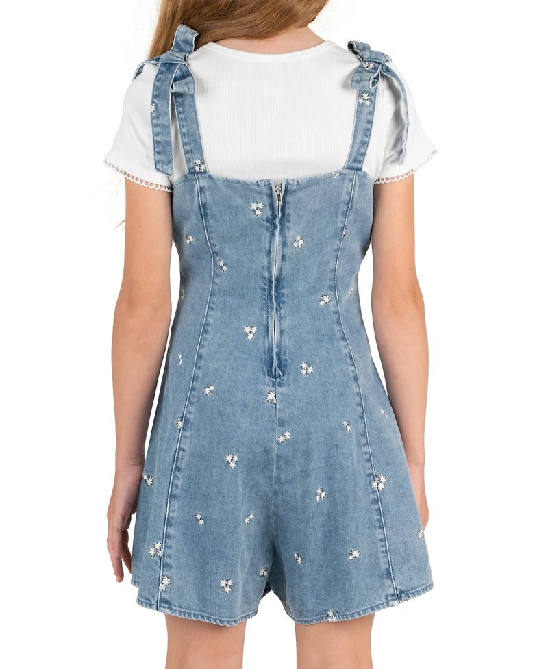 Rare Editions Girls' 7-16 T-Shirt and Embroidered Denim Bow Straps Panelled Romper, 2-Piece Set