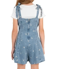 Rare Editions Girls' 7-16 T-Shirt and Embroidered Denim Bow Straps Panelled Romper, 2-Piece Set