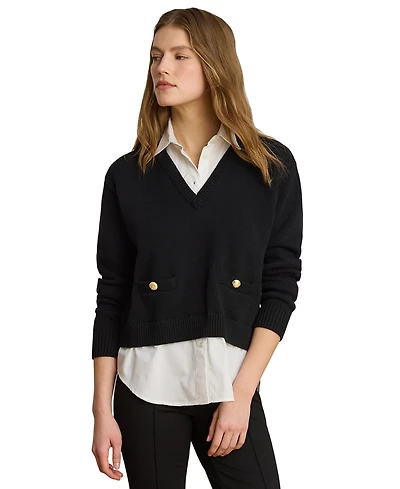 Lauren Ralph Petite Layered Button-Trim Cotton Sweater