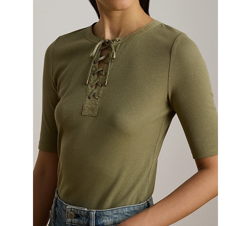 Lauren Ralph Petite Crewneck Lace-Up Ribbed Elbow-Sleeve T-Shirt