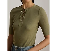 Lauren Ralph Petite Crewneck Lace-Up Ribbed Elbow-Sleeve T-Shirt