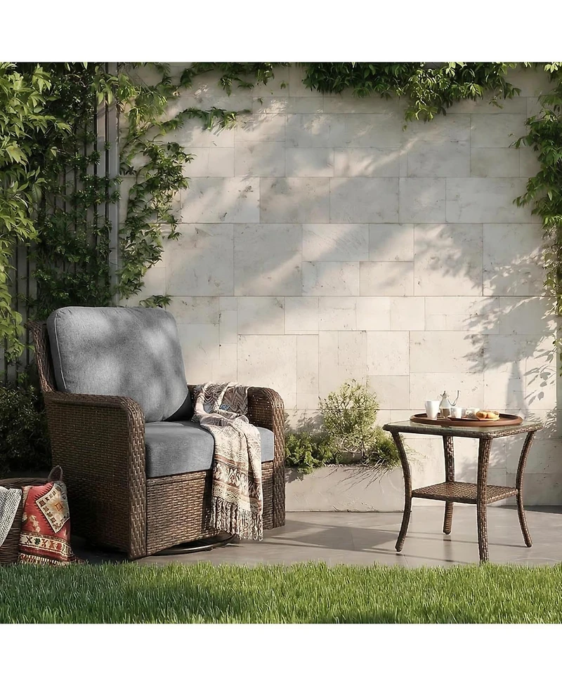 Tribesigns 2-Piece Outdoor Wicker Furniture Set, 1 Swivel Rocker Chair and 1 Glass Side Table, 360degree(s) Swivel Patio Chair with Thick Cushions