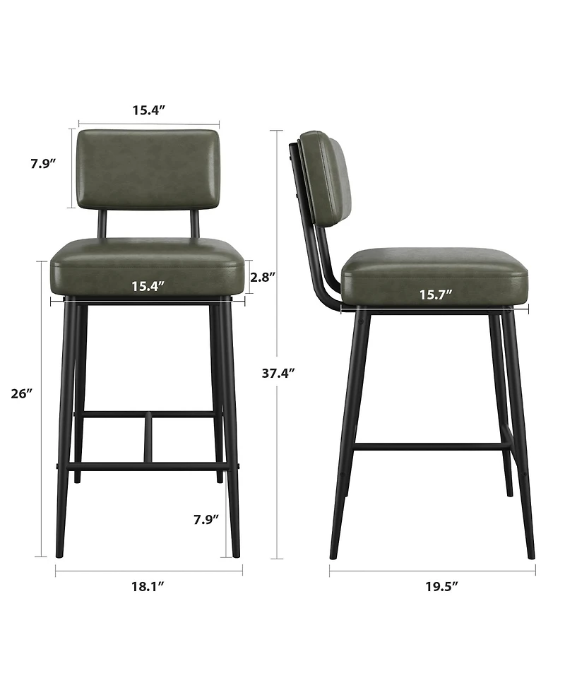 homfan Set of 4 Counter Height Bar Stools, 26 Inch Upholstered Seats with Backrests, Metal Legs, Suitable for Kitchen Island, Home Bar and Dining Room