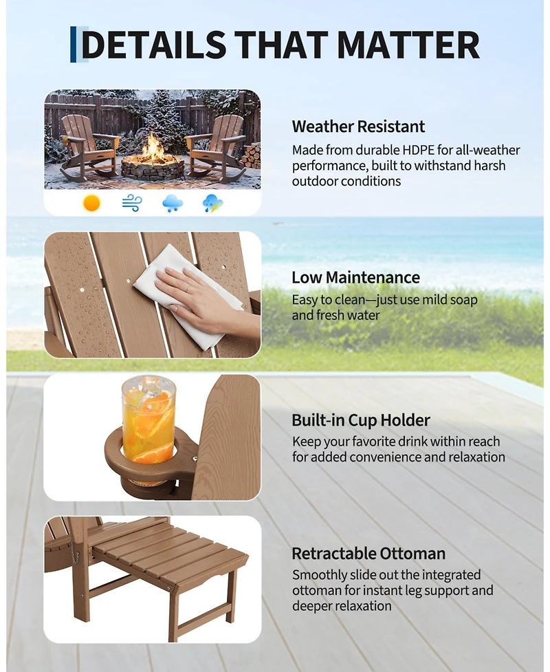 gaomon All-Weather Hdpe Outdoor Folding Adirondack Rocking Chair with Retractable Ottoman for patios, Decks, Gardens