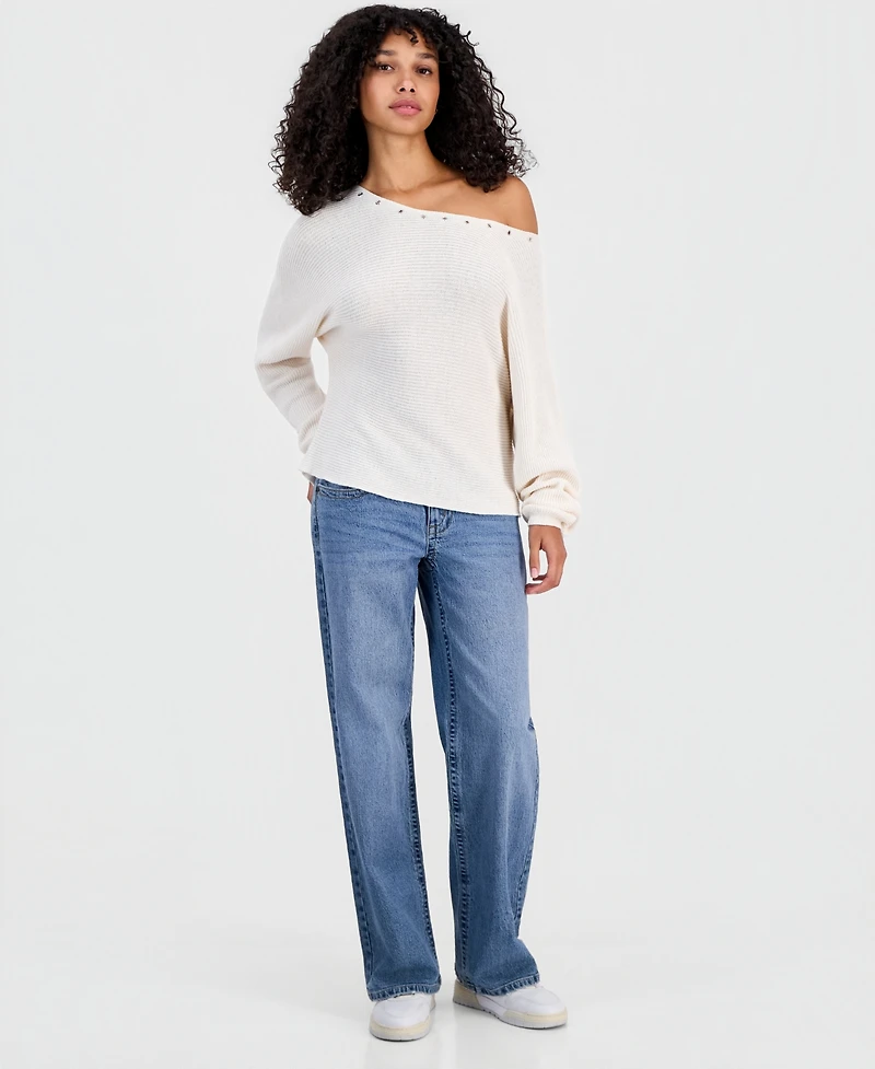 Rebellious One Juniors' Grommet Boat-Neck Sweater
