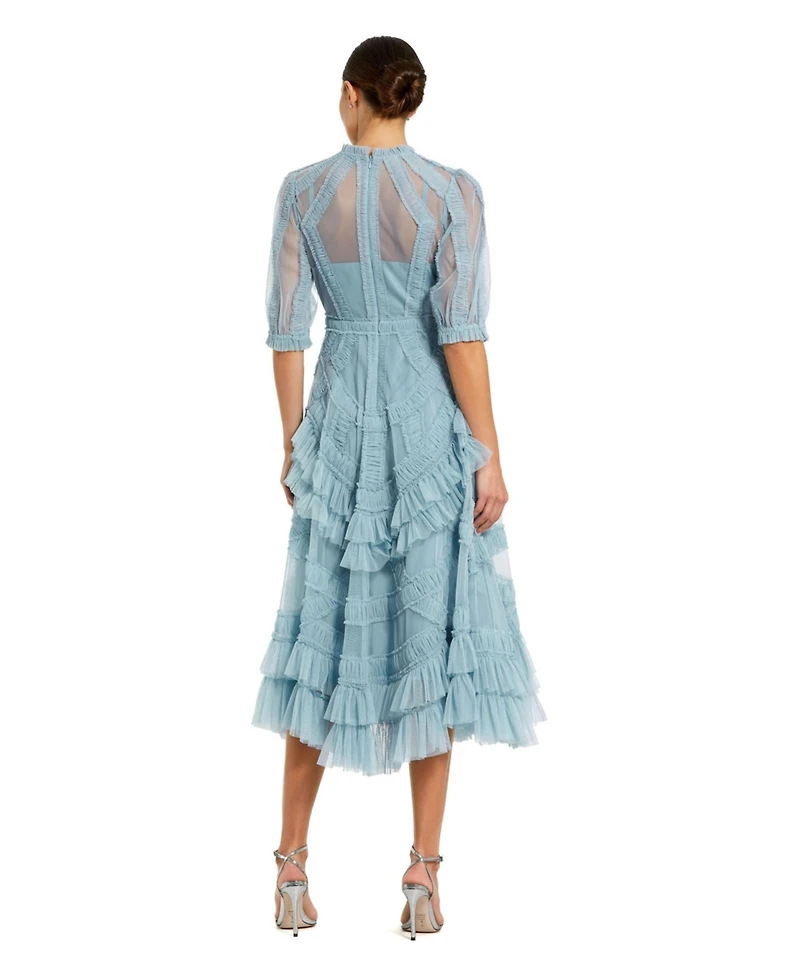 Mac Duggal Petite Illusion High Neck Tiered Ruffle A-Line Midi Dress