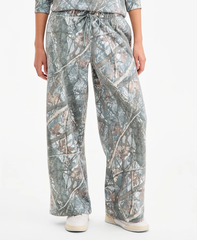 Madden Girl Juniors' Fleece Wide Leg Camo Pants