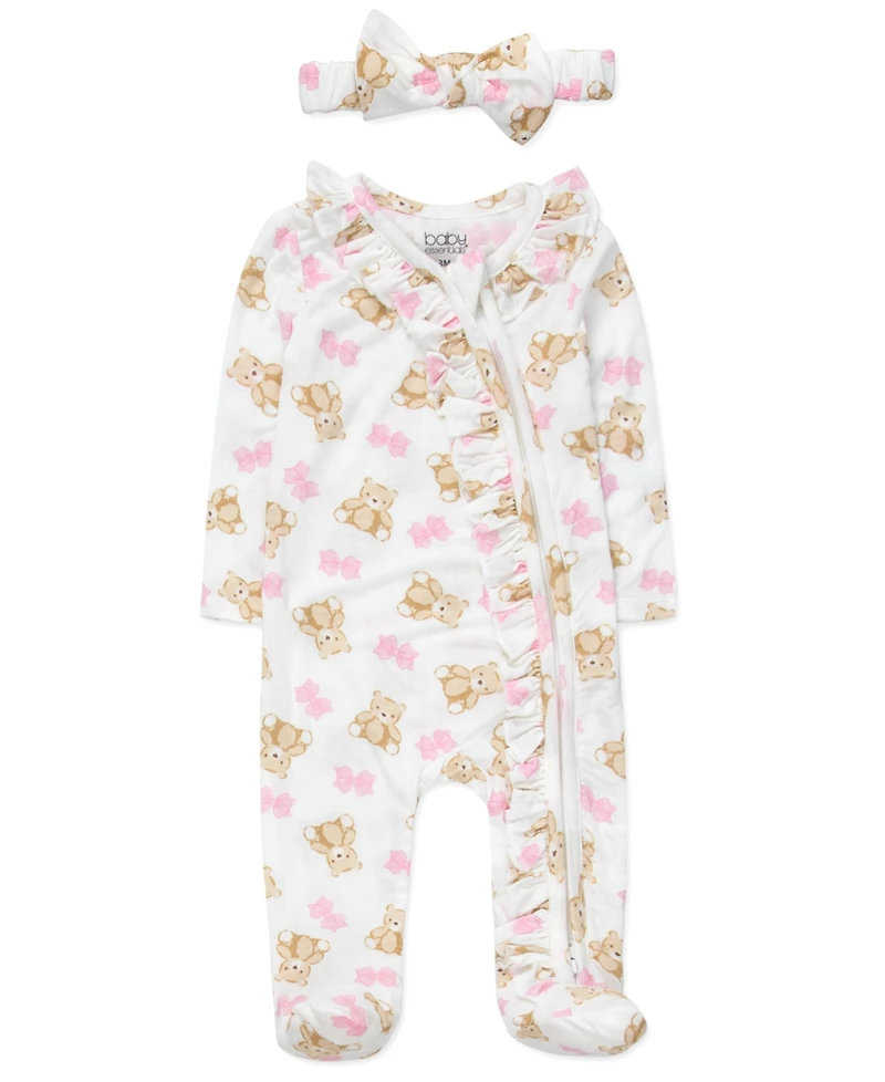 Baby Essentials Girls' Bear Print Coverall, Headband, Blanket, Wood sign, 4-Piece Set