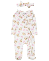 Baby Essentials Girls' Bear Print Coverall, Headband, Blanket, Wood sign, 4-Piece Set