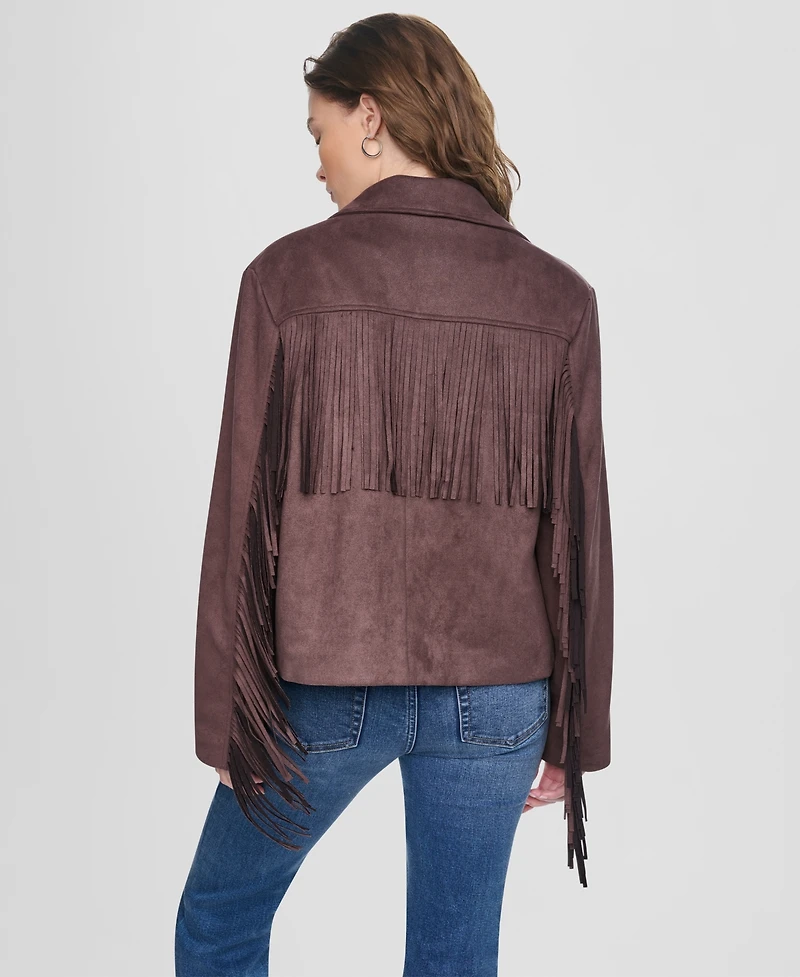Dkny Jeans Women's Fringe Detail Collared Button-Front Jacket