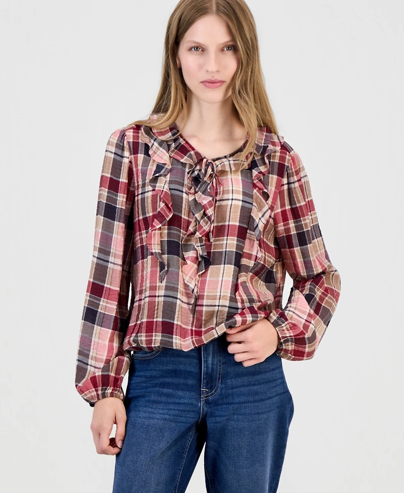 Nautica Women's Ruffled Long-Sleeve Plaid Blouse