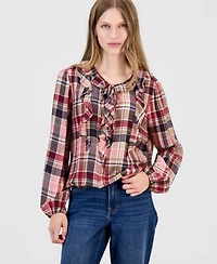 Nautica Women's Ruffled Long-Sleeve Plaid Blouse