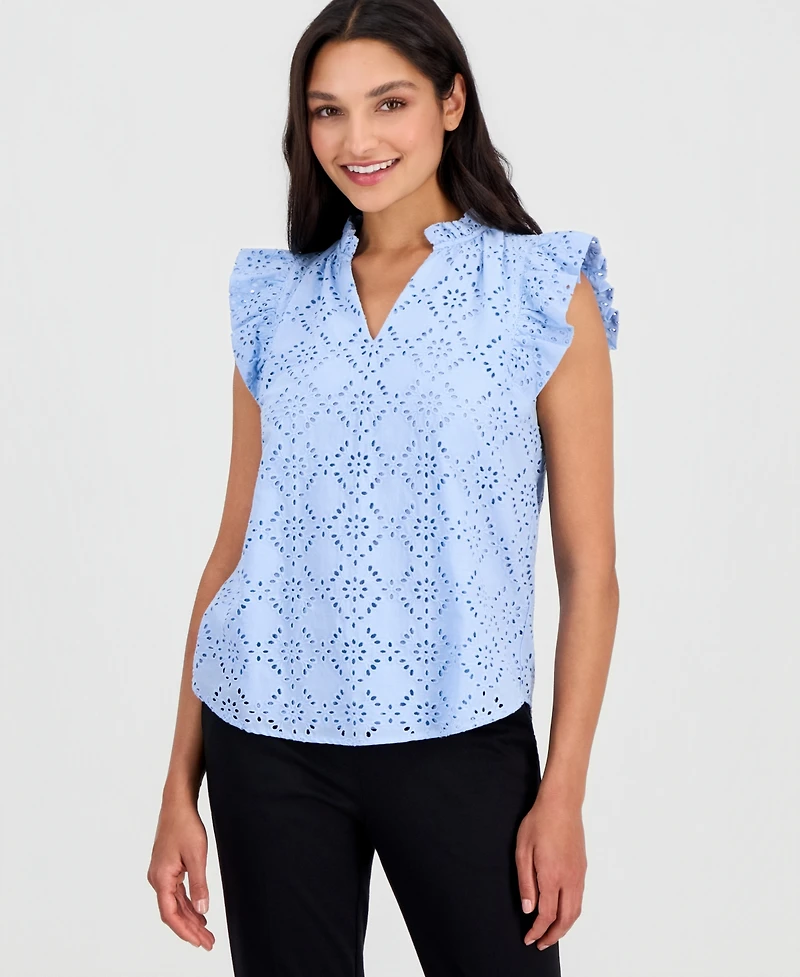 Anne Klein Petite Flutter-Sleeve V-Neck Blouse