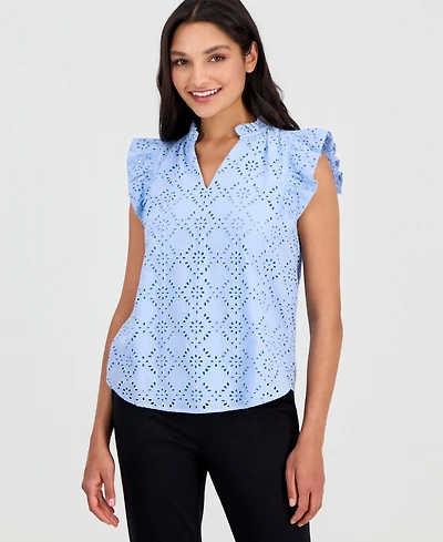 Anne Klein Petite Flutter-Sleeve V-Neck Blouse