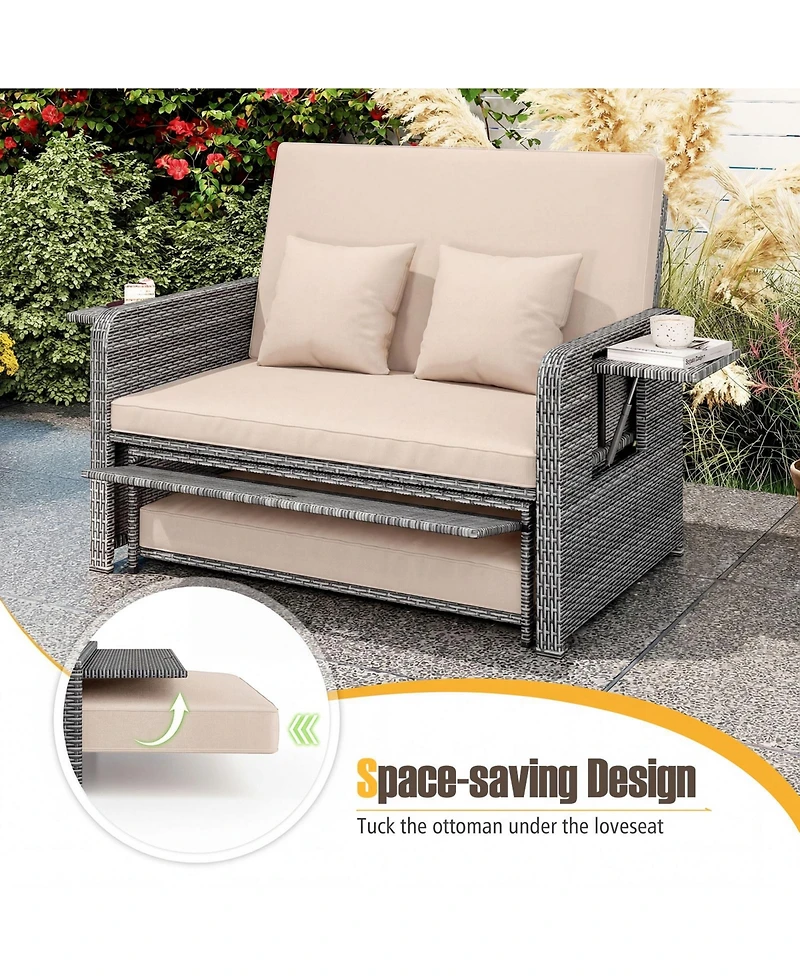Gymax Rattan Daybed Loveseat Sofa Set with Ottoman and Retractable Side Tray, Patio Furniture