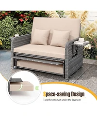 Gymax Rattan Daybed Loveseat Sofa Set with Ottoman and Retractable Side Tray, Patio Furniture