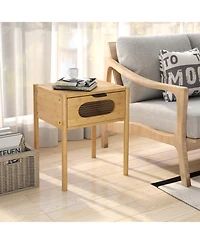 Gymax 2PCS Bamboo Nightstand Farmhouse Bedside Table w/ Tempered Glass Decorated Drawer