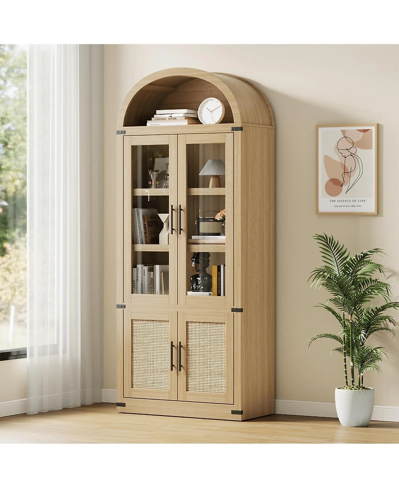 Gaomon 71.6" Farmhouse Arched Bookcase with Glass Doors and Rattan Accents, Tall Wood Storage Cabinet with 4-Tier Display Shelves for Living Room