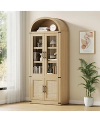 Gaomon 71.6" Farmhouse Arched Bookcase with Glass Doors and Rattan Accents, Tall Wood Storage Cabinet with 4-Tier Display Shelves for Living Room