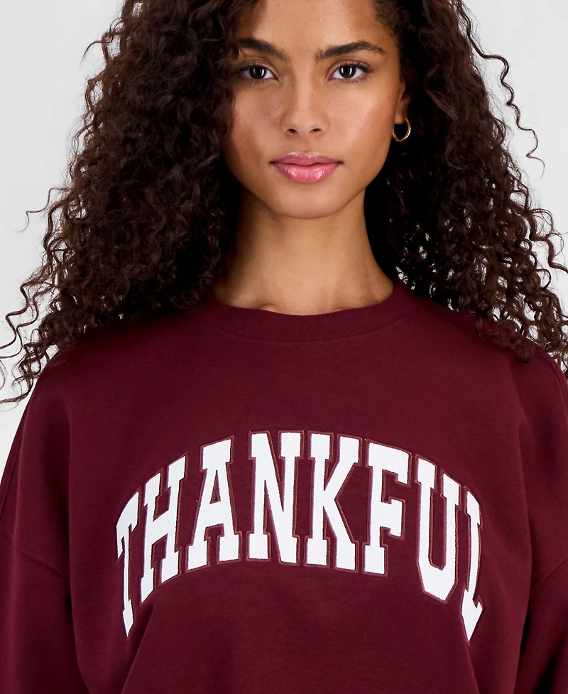 Hooked Up by Iot Juniors' Thankful Embroidered Sweatshirt