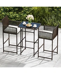 Gouun 3 Piece Outdoor Bar Set with Pe Wicker Bar Table, 2 Armchairs and Seat Cushions