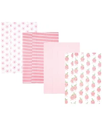 Hudson Baby Girl Cotton Poly Flannel Burp Cloths 4-Pack, Happy Strawberries