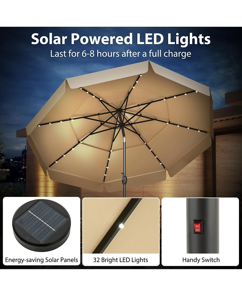 Gouun 10 feet Solar Patio Umbrella with 32 Led Lights, 3-Tier Vented Top and Ruffled Edges