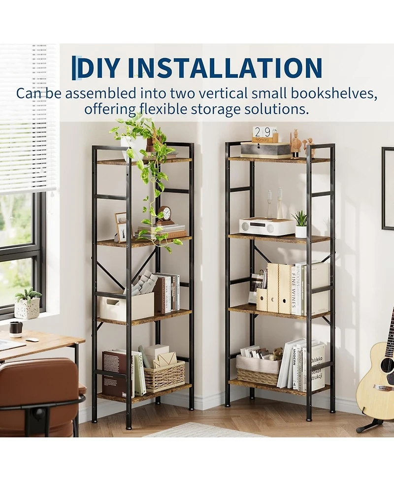 gaomon Industrial Bookcase, 4-Tier Large Bookshelf with Unique Tree Design Shelves, Heavy-Duty Open Storage Shelf with Steel Frame