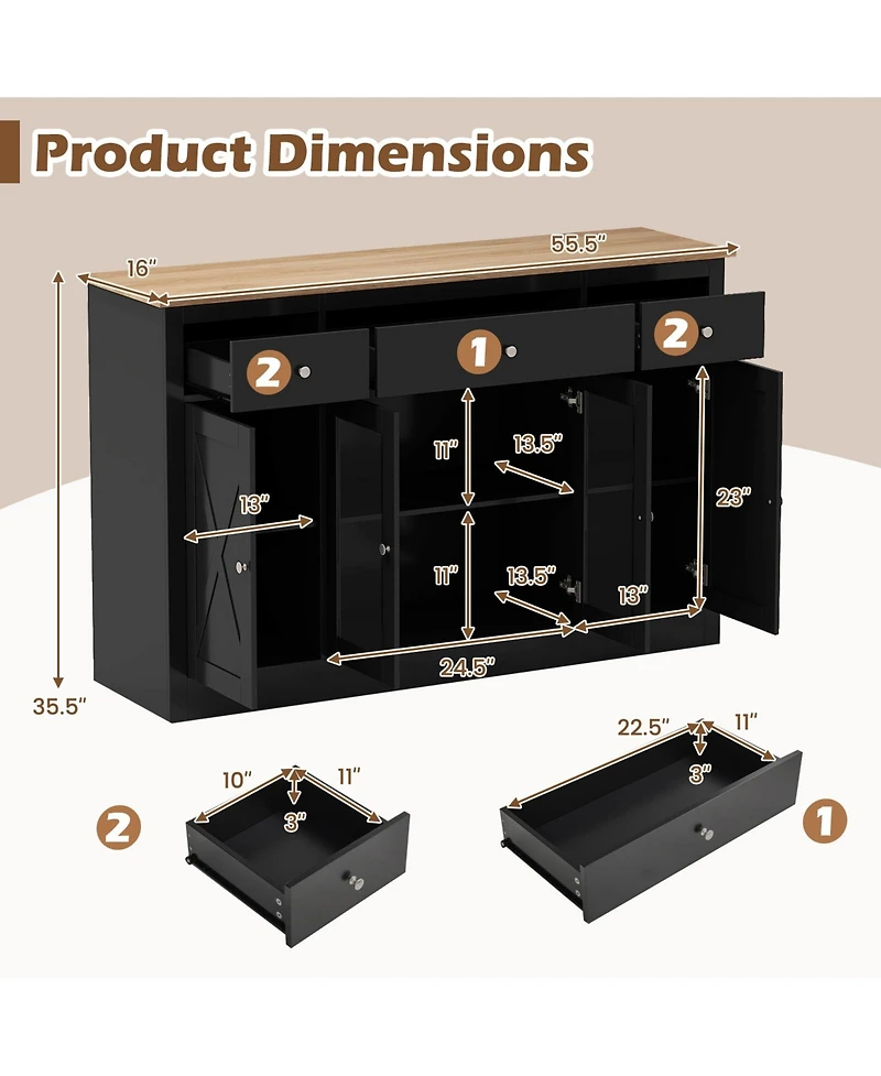 Gouun 55 Inch Large Buffet Sideboard with 3 Drawers and 2 Glass Doors
