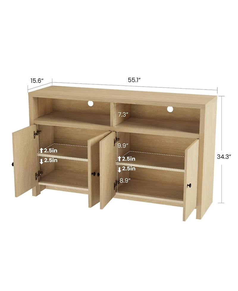 homfan Farmhouse Buffet Sideboard with Storage, 55 Inch Cabinet 4 Doors and Adjustable Shelves, Multi-Purpose Coffee Bar