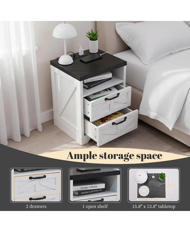 homfan Farmhouse Nightstand Set of 2 with Charging Station, 2 Drawers and Open Shelf, Bedside Tables for Bedroom, Living Room, or Entryway