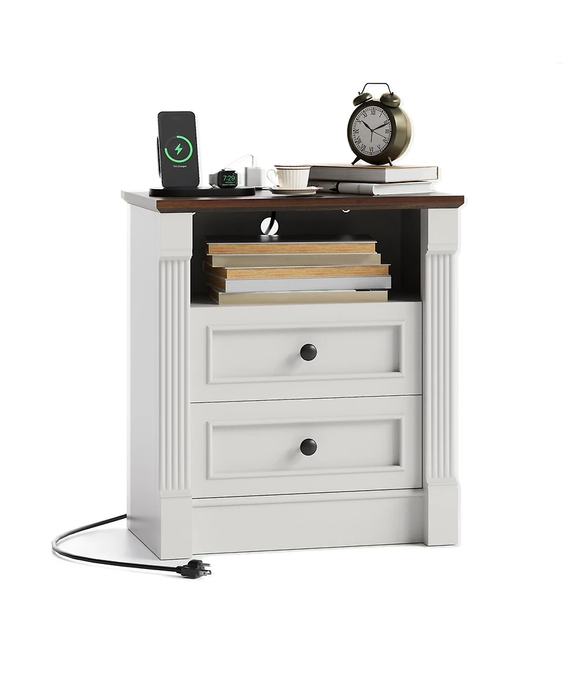 homfan Farmhouse Nightstand with Charging Station, 2-Drawer End Table Roman Column Legs