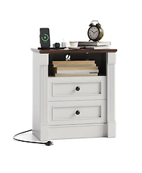 homfan Farmhouse Nightstand with Charging Station, 2-Drawer End Table Roman Column Legs