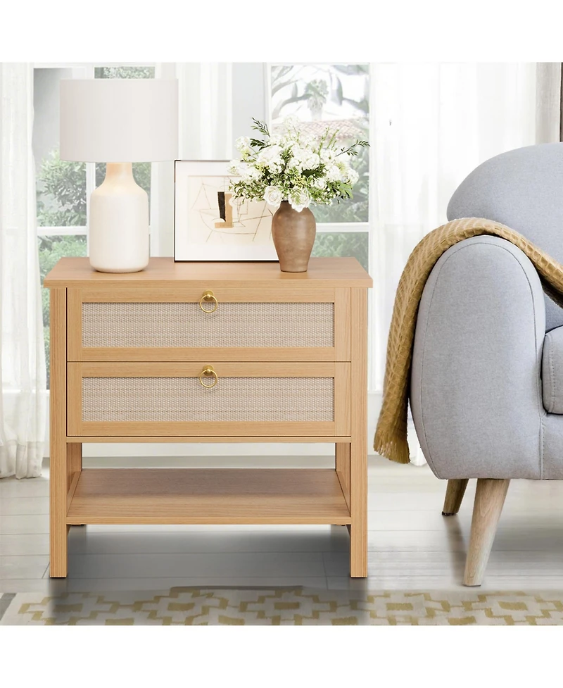 homfan Set of 2 Mid Century Modern Rattan Nightstands, Wooden Bedside Tables with Drawer and Storage Shelf, Narrow Design for Bedroom Living Room