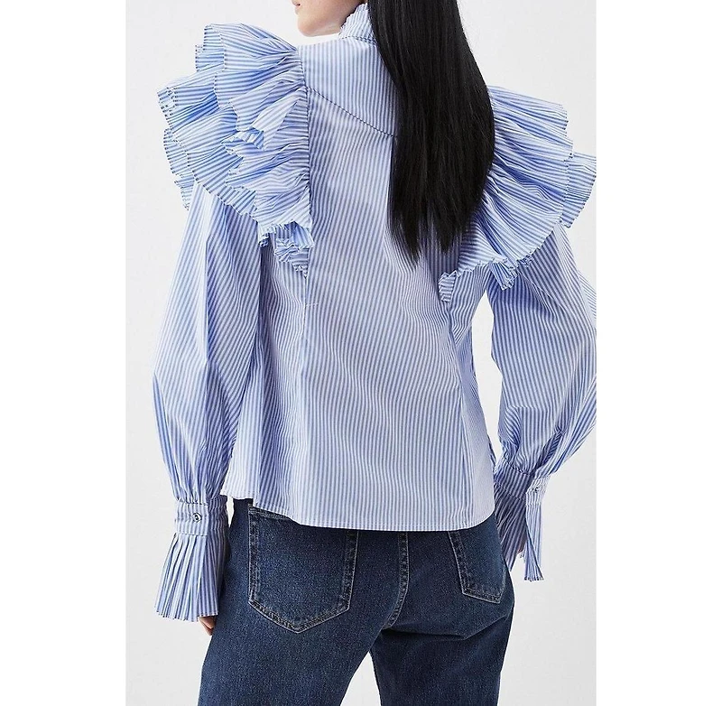 Karen Millen Women's Pleated Striped Ruffle Woven Shirt